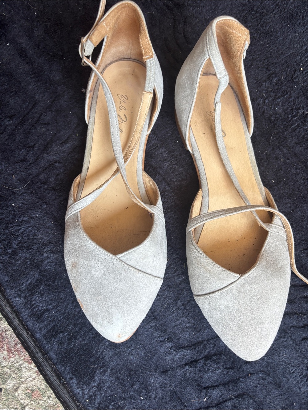 Pointed-Toe Suede Cross-Strap Heels in Light Gray